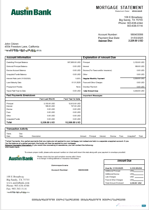 Download USA Austin bank mortgage statement in Word and PDF formats Photoshop template